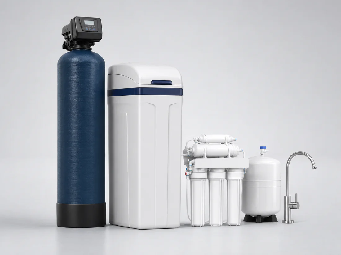 Complete home water package with whole-home treatment equipment and an under-sink reverse osmosis system